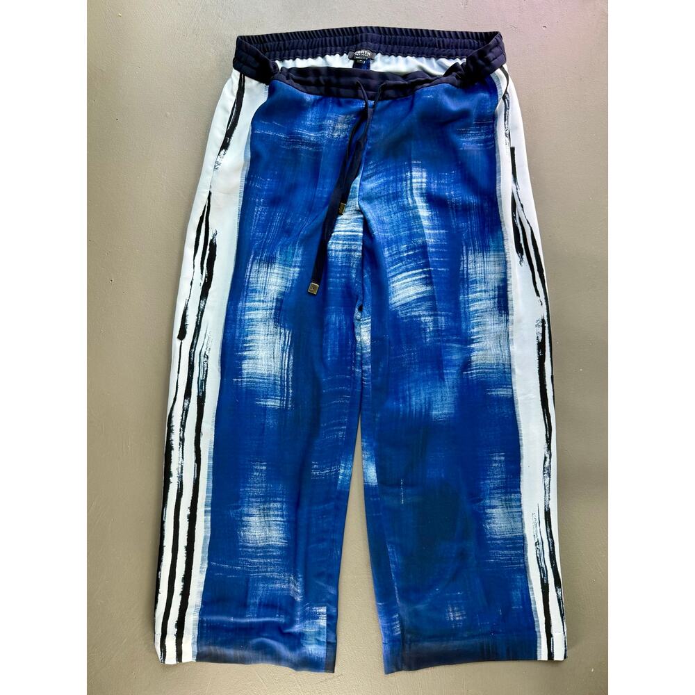 Worth New York Blue Abstract Print Wide Leg Crop Pants Size M Made USA